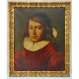 A framed oil on canvas portrait of a young boy in classical dress, indistinctly signed bottom right,