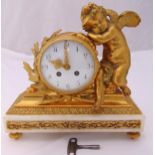 A French gilt metal and marble mantle clock, the white enamel dial, Arabic numerals, two train