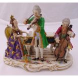 Dresden figurine trio of musicians in classical dress on raised oval base, marks to the base, A/F,