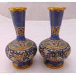 A pair of mid 20th century cloisonné vases of compressed spherical form, elongated necks on raised