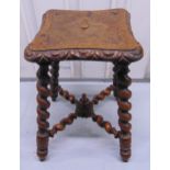 An oak shaped square milking stool with barley twist legs and stretchers, 46 x 34 x 35cm