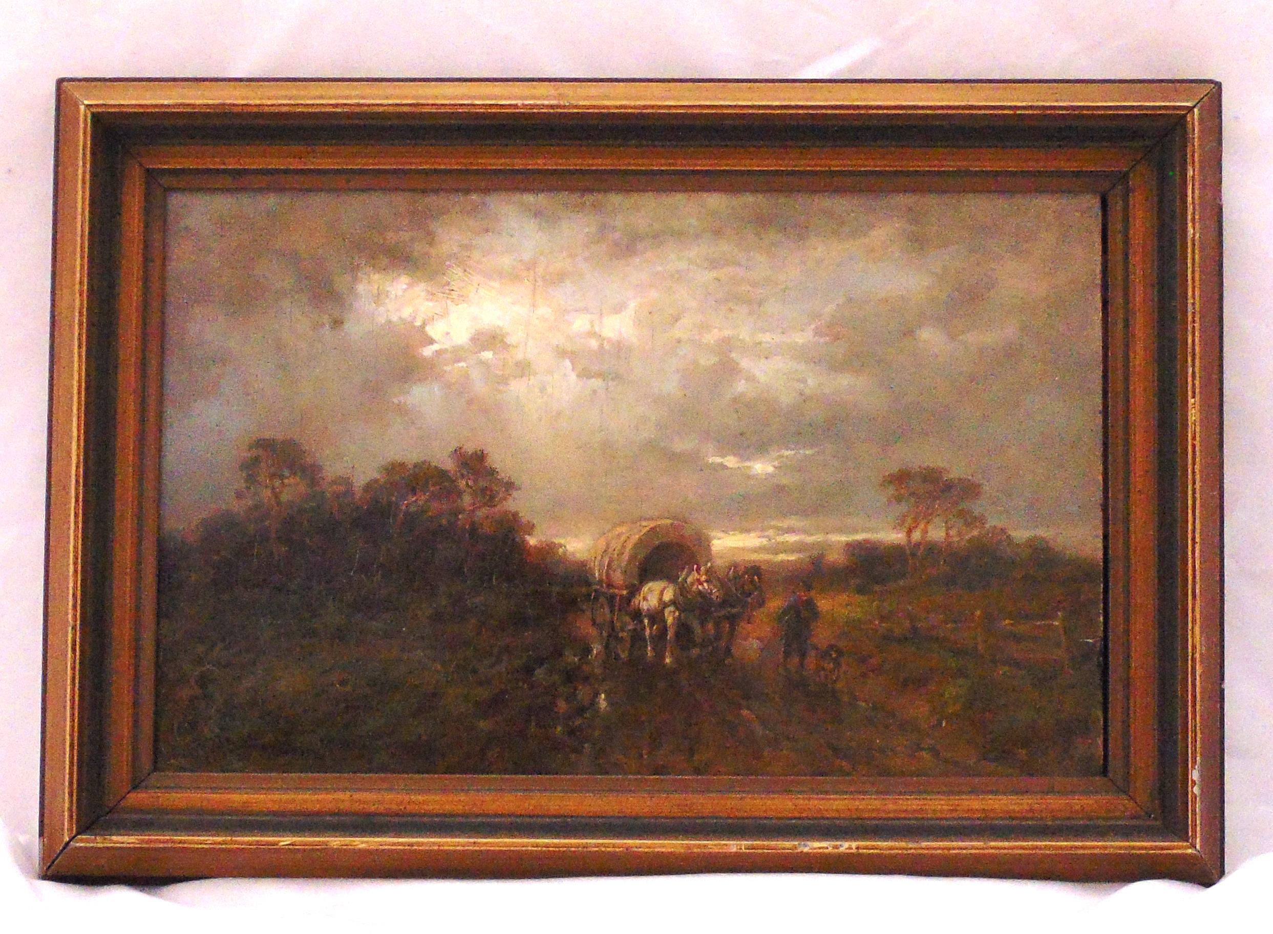 Desire Thomassin-Renhardt framed oil on panel of a wagon and horses in a landscape, signed bottom