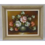 Duchamp framed oil on panel still life of roses, signed bottom right, 18.5 x 23.5cm