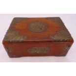 A Chinese rectangular hardwood jewellery casket with pull off cover and applied bronze decoration, 9