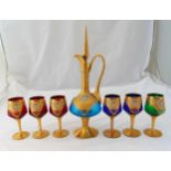 A set of six Murano wine glasses with gilded decoration, the matching decanter with drop stopper