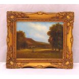 Ray Witchard framed oil on panel of a country landscape with children playing in the meadow, 19 x