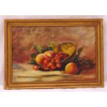 J Wheeler framed oil on canvas still life of fruits, signed bottom right, 29 x 44cm