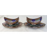 A pair of Persian enamel and white metal oval bowls on stands, decorated throughout with birds,