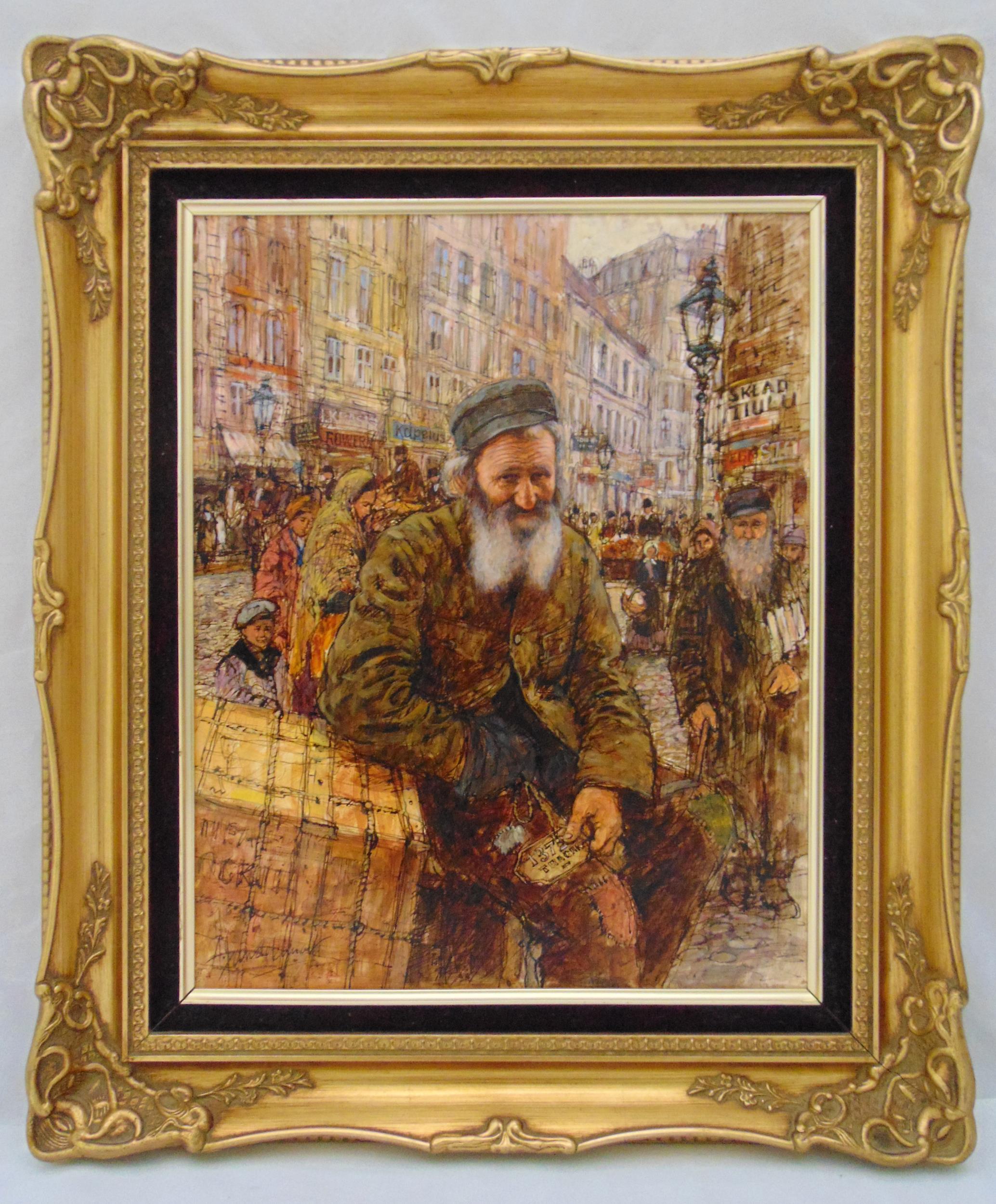 A framed oil on canvas of a Polish street seller, indistinctly signed bottom left, 50.5 x 40.5cm