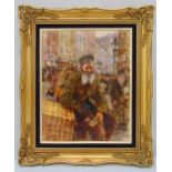 A framed oil on canvas of a Polish street seller, indistinctly signed bottom left, 50.5 x 40.5cm