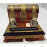 A Victorian walnut and mahogany brass bound desk set with detachable glass inkwells and hinged cover