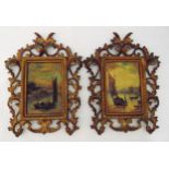 A pair of oils on panel of sailing boats in scroll pierced leaf chased gilt metal frames, 14 x 9.