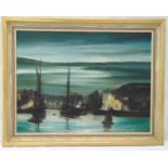 Peter Gerald Baker framed oil on canvas of sailing boats in a harbour, signed bottom right, 45.5 x