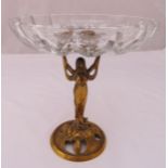 An Art Nouveau style brass and glass table centre piece, the bowl supported by a female figure on
