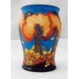 Moorcroft vase decorated with trees, hills, mushrooms and a lake designed by Emma Bossons, marks