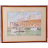 John Powley-Kemp framed and glazed watercolour of sailing boats in a marina with buildings in the