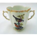 Augustus Rex two handled chocolate cup shaped oval and decorated birds and butterflies, 8cm (h)