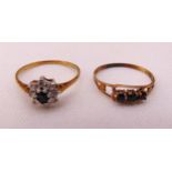 Two 9ct yellow gold rings set with coloured stones, approx total weight 1.9g