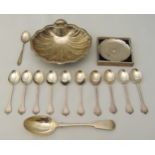A set of ten Britannia silver teaspoons London 1922-1926 and two spoons London 1847 and Birmingham
