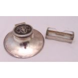 A hallmarked silver Capstan inkwell with inset tortoiseshell hinged cover and a rectangular white