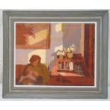 John Semmence framed oil on panel figure in an interior setting with lunch on the table, signed