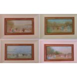 Four framed oils on canvas of French landscapes with figures, indistinctly signed, each 17 x 32cm