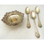 Three continental white metal tablespoons and a hexagonal dish