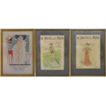 Three framed and glazed French polychromatic prints of fashion advertising circa 1900, 21 x 29.5cm