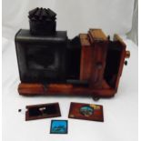 Thornton Pikard magic lantern projector with oak carcass and frame, double bellows, metal housing