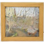 A framed oil on canvas German abstract possibly by Alexander von Szpinger titled The Bench, 21.5 x