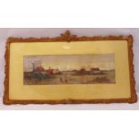 Framed and glazed watercolour of figures on a road with farm buildings in the background,