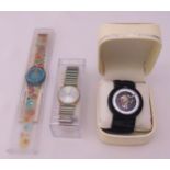 Three Swatch watches to include a boxed Pop Swatch Hard Days Night