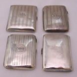 Four hallmarked silver cigarette cases, George V era date marks, approx total weight of silver 291g