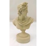 A Parian ware bust of Apollo on circular plinth, 35cm (h)