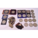 A quantity of vintage silver and other coins to include sixpence and three pence, commemorative