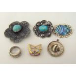 Three silver brooches set with opal and abalone, a silver Mexican hat pendant, an NHS silver gilt