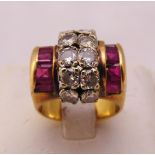 Art Deco ruby and diamond cocktail ring, tested 18ct, approx total weight 11.1g