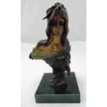 Art Nouveau bronze bust of a lady on raised square marble base, 28cm (h)