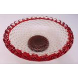 Murano circular glass fruit bowl with reticulated red glass border and spiral gilded bubbles to