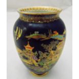 Carltonware chinoserie style baluster vase, blue ground with oriental pavilions, flowers and leaves,
