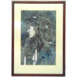 Paul Barton framed and glazed chalk drawing of a lady in profile, 38 x 24cm