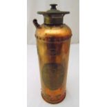 An early 20th century brass fire extinguisher, the cylindrical copper body with applied brass