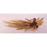 14ct yellow gold flower brooch with coloured stones, approx total weight 15.8g