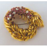 Kutchinsky style 18ct yellow gold, diamond and ruby brooch, approx total weight 28.7g