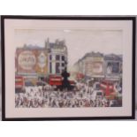 A framed and glazed L.S. Lowry polychromatic lithographic print of Piccadilly Circus, label to verso