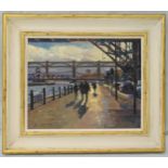 Bruce Yardley framed oil on canvas titled Bridges Over The Tyne, signed bottom left, Cato Gallery