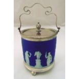 Wedgewood blue Jasperware and silver plate biscuit barrel of drum form with scroll handle, pull