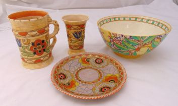A quantity of Charlote Rhead ceramics to include vases, a bowl and a plate tallest 19cm (h) (4)