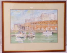 John Powley-Kemp framed and glazed watercolour of sailing boats in a marina with buildings in the