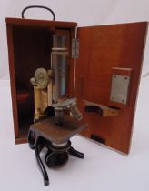 An early 20th century Voigtlander Braunschweig microscope in fitted wooden case